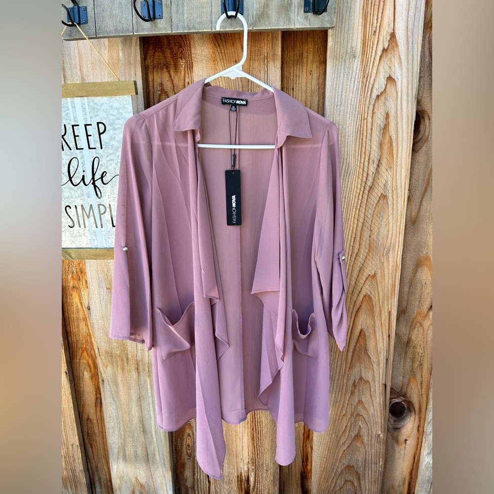 NWT Fashion Nova sheer blazer style open front roll tab top size xs rose color - Picture 4 of 11